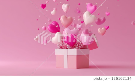 Colorful hearts and balloons emerging from a pink gift box create a festive atmosphere for a celebration Colorful hearts and balloons emerging from a pink gift box create a festive atmosphere for a celebration 126162134