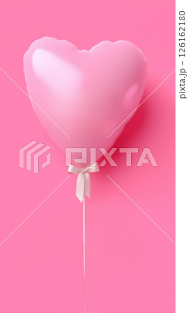 Heart-shaped pink balloon with white ribbon against a vibrant pink background evokes feelings of love and celebration 126162180