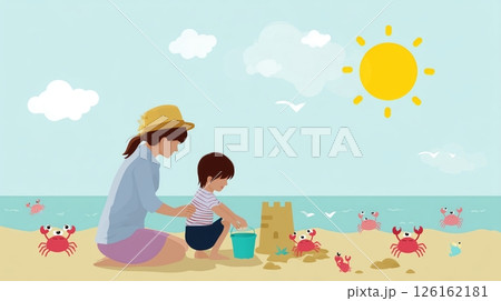 Family enjoys sunny beach day building sandcastles and playing with crabs near the shore 126162181