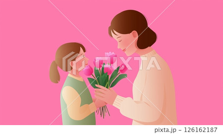 Mother and daughter sharing a joyful moment gift exchanging flowers in a bright pink setting 126162187