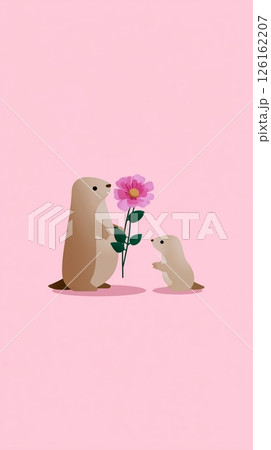 Cute otters exchanging a flower in a playful and colorful animated scene, illustrating a sweet bond between parent and child Cute otters exchanging a flower in a playful and colorful animated scene, illustrating a sweet bond between parent and child 126162207