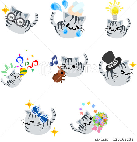可愛いサバトラ猫のイラストセット！表情豊かで使いやすいデザインが揃っています。 126162232