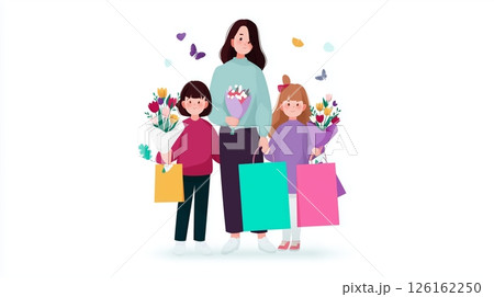 Family enjoying a joyful day of flower shopping together in a playful setting with colorful bags and bouquets 126162250