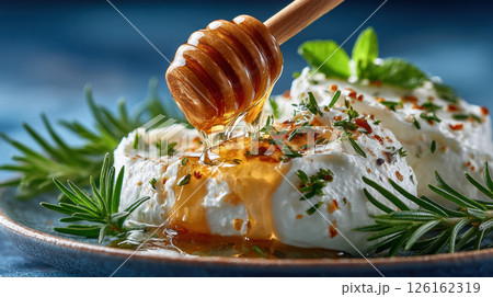 Creamy cheese drizzled with honey and garnished with herbs on blue plate 126162319