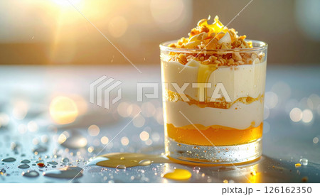 Creamy dessert in glass with layers of yogurt, honey, and nuts, beautifully lit by warm sunlight 126162350