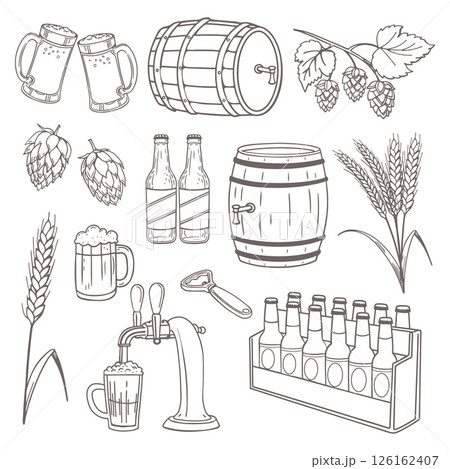 Set of beer with various brewery elements. Beer barrels, beer mugs and bottles, hops and wheat plants. Sketch illustration. 126162407