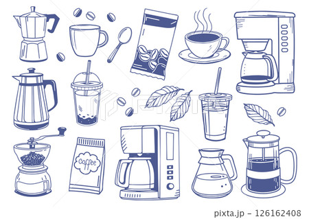 Coffee set with cups, coffee makers, grinders and beans. Coffee theme with different elements. Aesthetic hand drawn sketch illustration. 126162408
