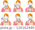 色々な表情やポーズのエプロン姿の若い主婦のベクターイラストセット 126162480