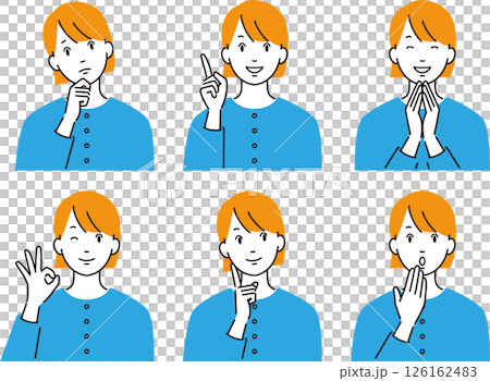 タイトル : 色々な表情やポーズの若い女性のベクターイラストセット 126162483
