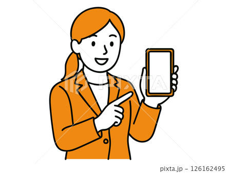 スマートフォンを紹介する笑顔のビジネスマン女性 スマートフォンを紹介する笑顔のビジネスマン女性 126162495