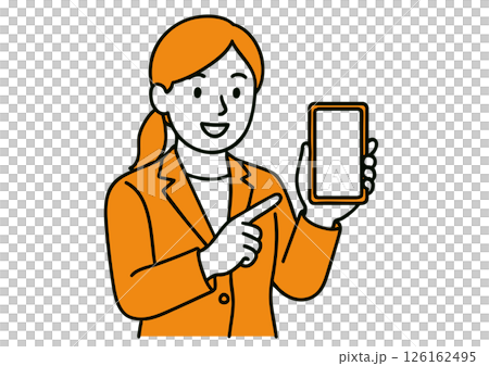 スマートフォンを紹介する笑顔のビジネスマン女性 スマートフォンを紹介する笑顔のビジネスマン女性 126162495