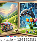 絵本の開いたページに描かれた花の移動販売車とイルカのロボット 126162581