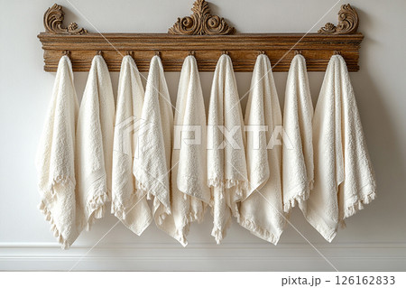 Line of freshly washed white towels hanging on a rack in Rocco Renaissance style. 126162833