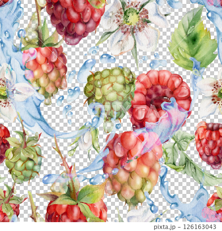 Raspberry leaves, dew drops flying in water splash, ripe summer garden forest berry loganberry hand drawn in watercolor. Isolated seamless pattern tile. Home preserves, stationery, menu, recipe book 126163043