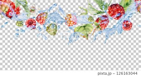 Raspberry flying in water splash with leaves, dew drops hand drawn in watercolor. Ripe summer garden forest berry loganberry mulberry. Isolated seamless banner. Home preserves, stationery, recipe book 126163044