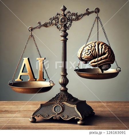 Ancient scales measure balance between the human brain and AI. Fantasies of generative AI 126163091