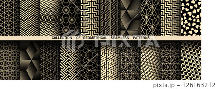 Geometric set of seamless black and golden patterns. Simple vector graphics Geometric set of seamless black and golden patterns. Simple vector graphics 126163212