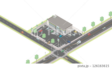 アイソメトリック図法で描いたコンビニエンスストアのイメージ（無地） 126163615