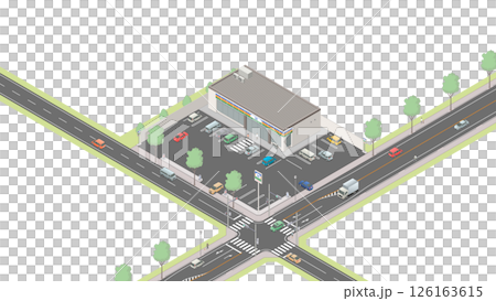 アイソメトリック図法で描いたコンビニエンスストアのイメージ（無地） 126163615