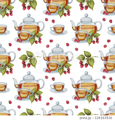 Watercolor pattern teapot with raspberries and leaves Watercolor pattern teapot with raspberries and leaves 126163916