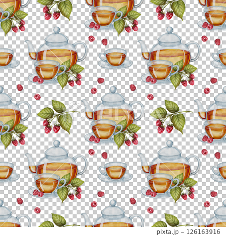Watercolor pattern teapot with raspberries and leaves Watercolor pattern teapot with raspberries and leaves 126163916