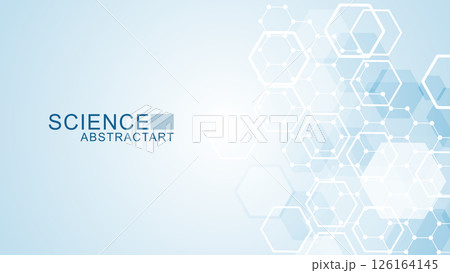 Modern scientific background with hexagons, lines and dots. Wave flow abstract background. Molecular structure for medical, technology, chemistry, science. Vector illustration Modern scientific background with hexagons, lines and dots. Wave flow abstract background. Molecular structure for medical, technology, chemistry, science. Vector illustration 126164145