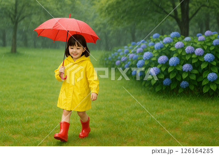 梅雨の公園を歩くレインコート姿の幼い女の子｜紫陽花と小雨が彩る季節の写真風イラスト 126164285