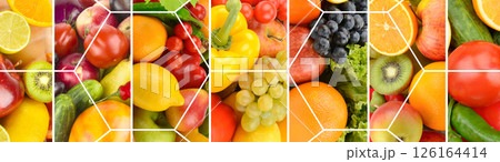 Panoramic collection fresh fruits and vegetables background. Panoramic collection fresh fruits and vegetables background. 126164414