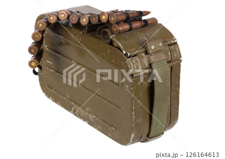 Ammo box with ammunition belt and 7.62 mm cartridges for kalashnikov PK or PKM machine gun isolated on white. 126164613