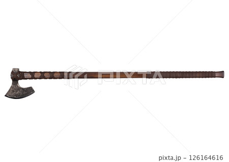 antique battle axe with long wooden handle on white 126164616