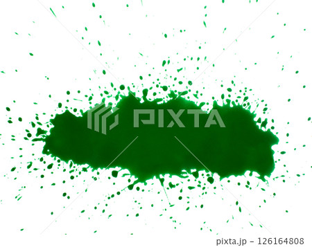 A deep green watercolor splash with scattered paint droplets radiating across a clean white background A deep green watercolor splash with scattered paint droplets radiating across a clean white background 126164808