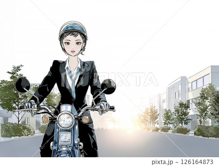 スクーターで通勤する若い女性のイラスト素材 126164873