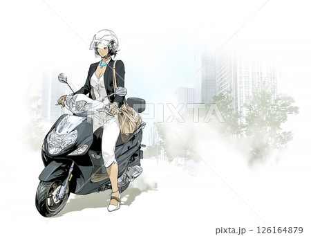 スクーターで通勤する若い女性のイラスト素材 126164879