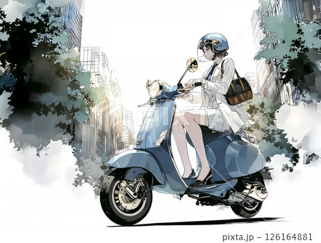スクーターで通勤する若い女性のイラスト素材 126164881