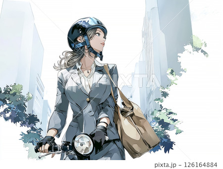 スクーターで通勤する若い女性のイラスト素材 126164884