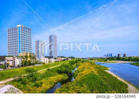 日本の東京都市景観5月13日…多摩川や川崎・武蔵小杉駅前のタワーマンション群など望む＝令和7年 126164940