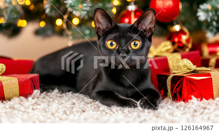 A playful Bombay cat relaxes by the Christmas tree among colorful decorations and gifts A playful Bombay cat relaxes by the Christmas tree among colorful decorations and gifts 126164967