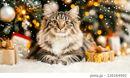 A fluffy cat sits gracefully by a beautifully decorated Christmas tree with presents nearby 126164992