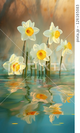 Close-up narcissus flowers with water droplets background. Summer wallpaper. Ai generated 126165083