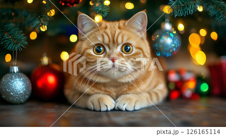 A curious cat gazes from beneath a decorated Christmas tree filled with colorful ornaments A curious cat gazes from beneath a decorated Christmas tree filled with colorful ornaments 126165114