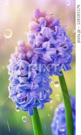 Blooming hyacinth flowers with drops of water close-up background. Spring wallpaper. Ai generated 126165176