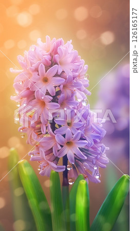 Blooming hyacinth flowers with drops of water close-up background. Summer wallpaper. Ai generated 126165177