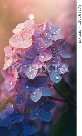 Blooming hydrangea flowers with drops of water close-up background. Summer wallpaper. Ai generated 126165178