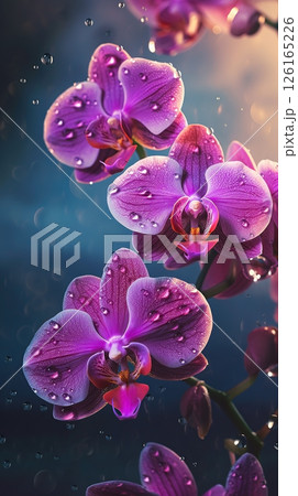 Blooming orchid flowers with drops of water close-up background. Ai generated 126165226