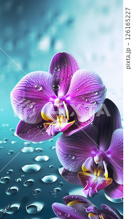 Blooming orchid flowers with drops of water close-up background. Ai generated 126165227