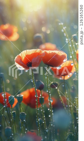 Blooming poppies flowers with drops of water close-up background. Spring wallpaper. Ai generated 126165260