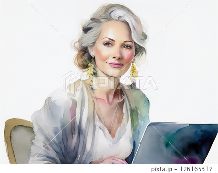 パソコンを使ってリモートワークをする女性の水彩画 パソコンを使ってリモートワークをする女性の水彩画 126165317