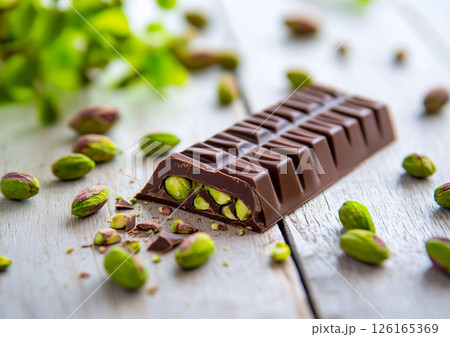 Dubai chocolate bar broken with pistachio filling on wooden table.AI Generative. 126165369