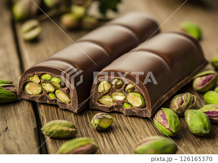 Dubai chocolate bar broken with pistachio filling on wooden table.AI Generative. 126165370