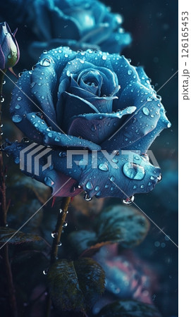 Close-up blue roses with drops of water background. Ai generated 126165453